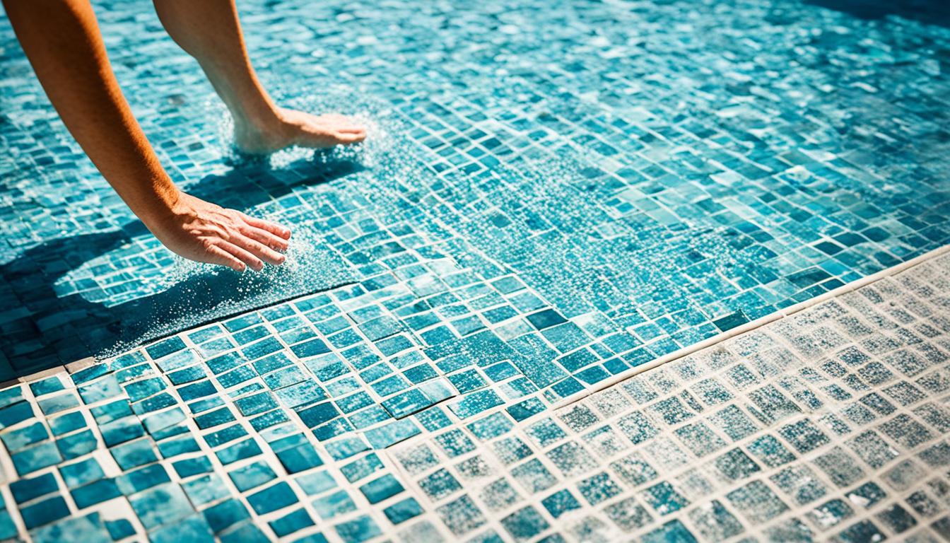 Blue glass mosaic waterline tile around a swimming pool featured on BELK Tile Pool Blog