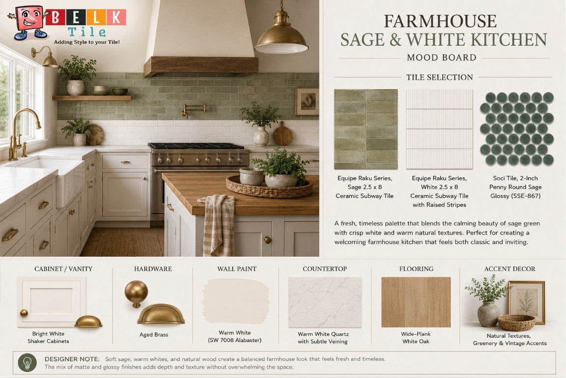 BELK Tile Mood Board Farmhouse Sage and White Kitchen by Mike Belk at BELK Tile