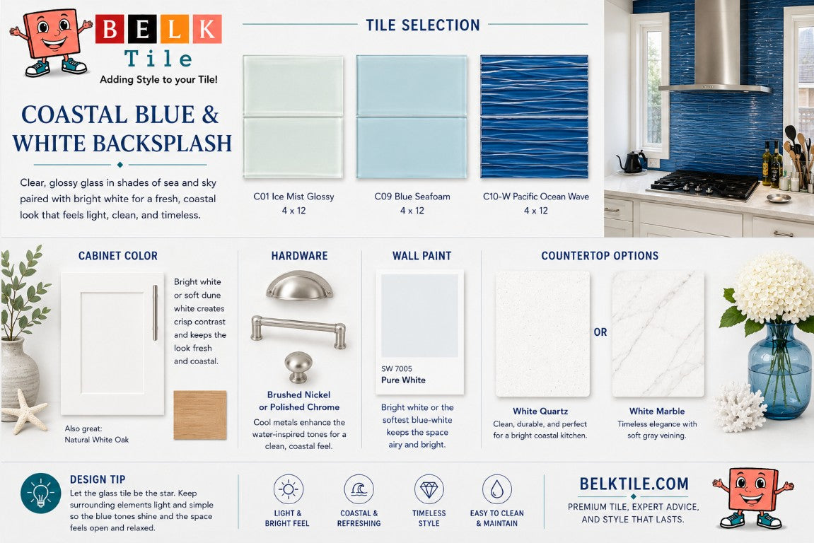 Coastal Blue and White Mood Board by Mike Belk at BELK Tile
