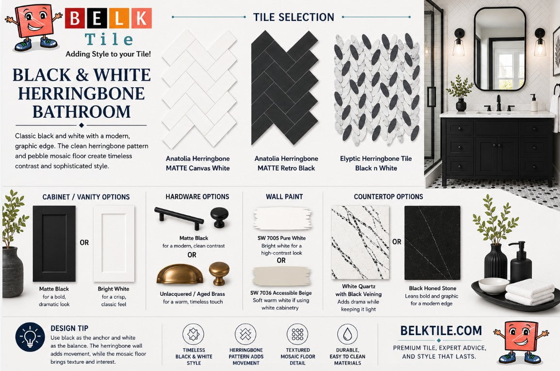 Mood Board Modern Black and White Herringbone