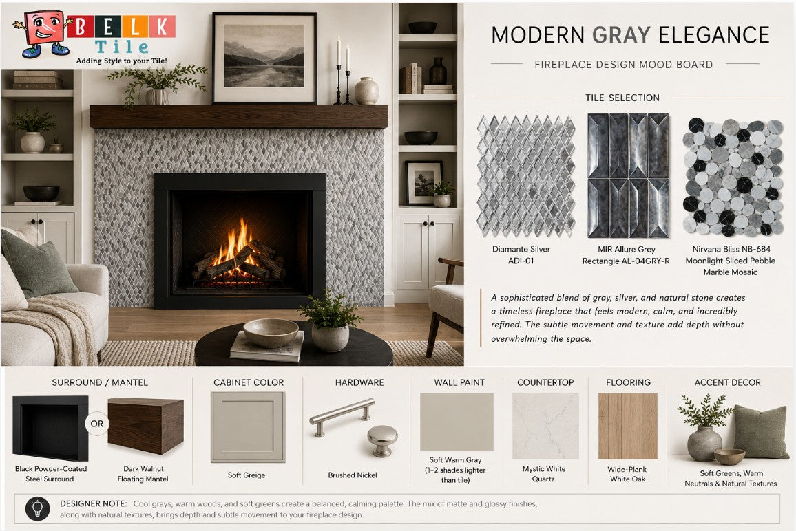 Mood Board Warm Gray Modern Fireplace BELK Tile