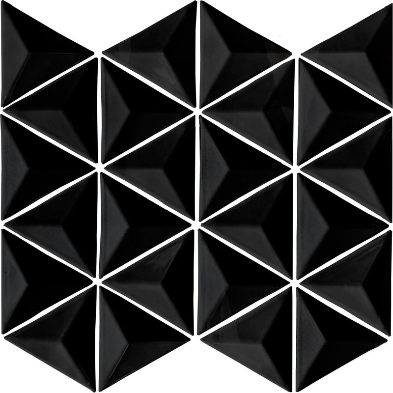 Soci 3-D Triangle SSA-1261 Black Glossy Recycled Glass Geometric Mosaic Tile
