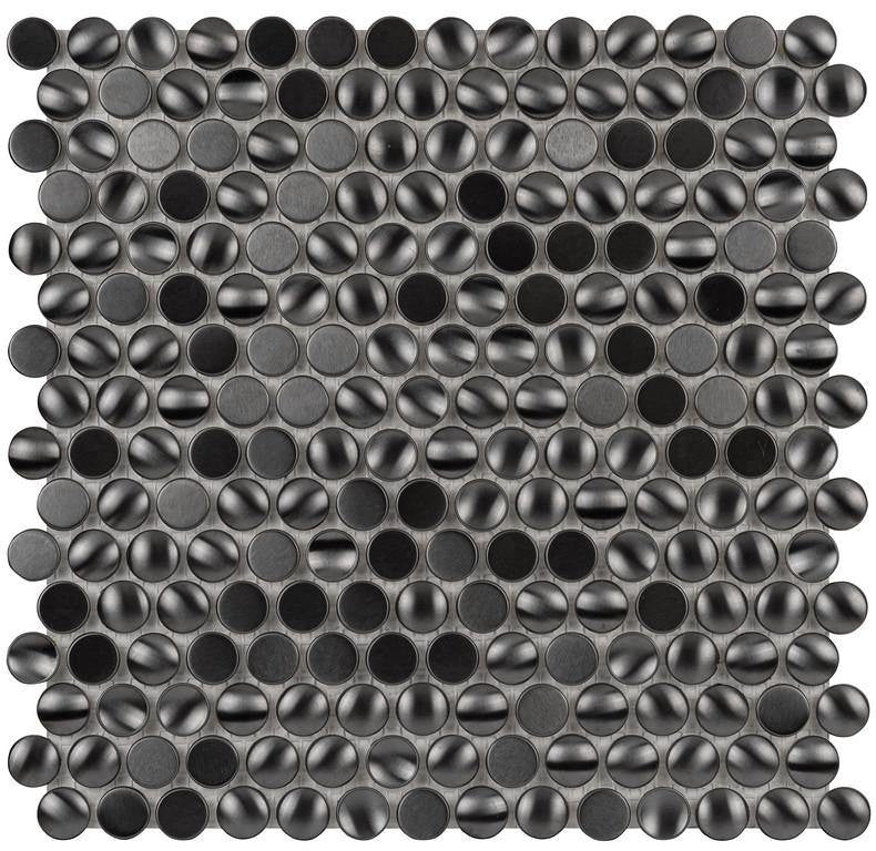 Black matte gun metal penny round mosaic tile with 3D dimensional texture, mesh mounted for backsplash and fireplace