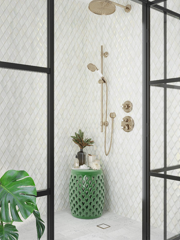 MIR Mosaic Allure Series White Diamond AL-03WHT-D shower wall install photo