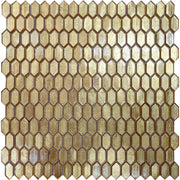 Gold glossy picket-shaped glass mosaic tile sheet with mesh backing, ideal for walls and shower accents.