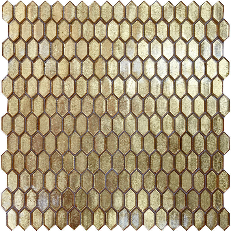 Gold glossy picket-shaped glass mosaic tile sheet with mesh backing, ideal for walls and shower accents.