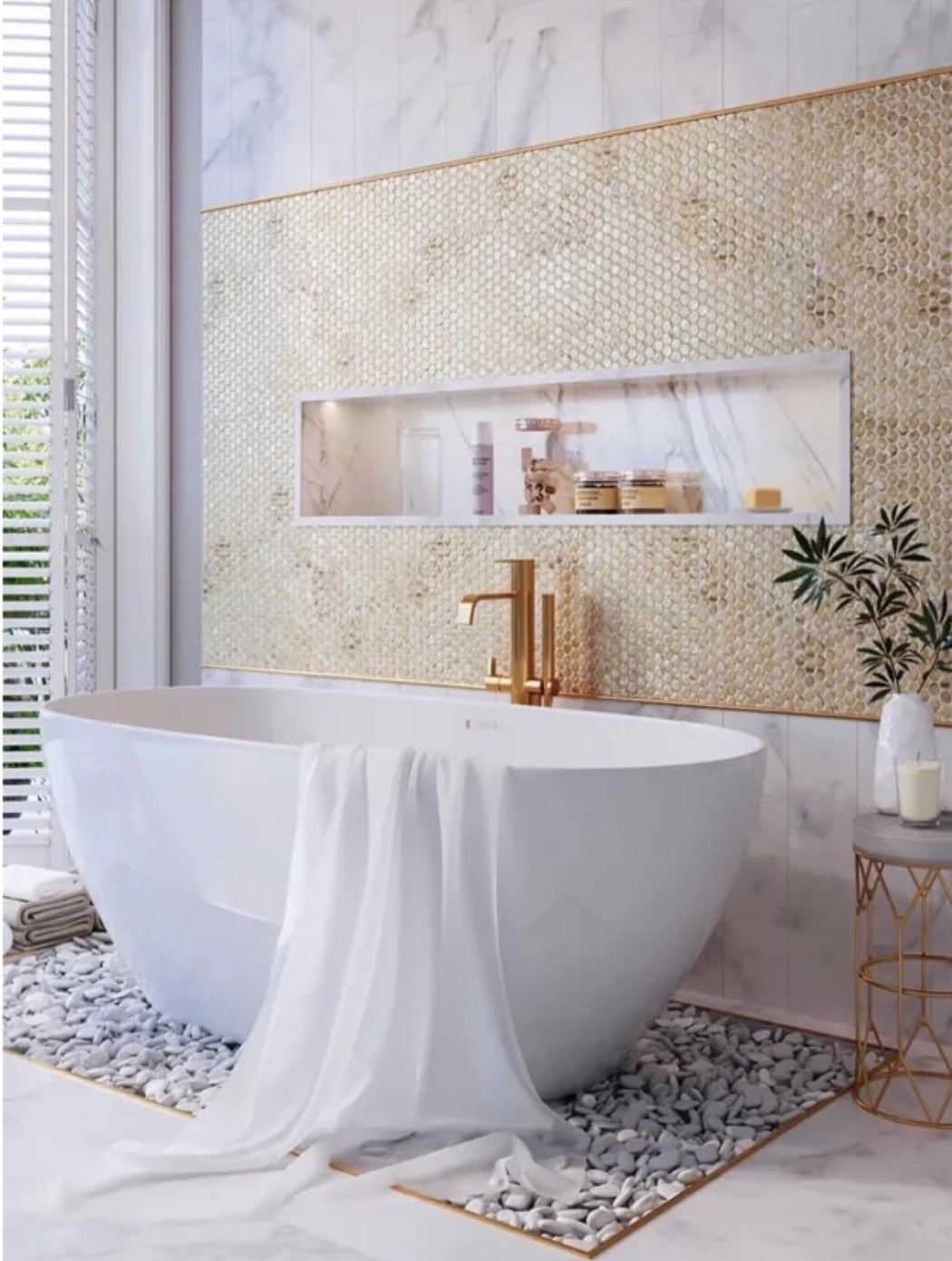 Gold glossy penny round glass mosaic tile sheet with mesh backing, accent wall behind master bath tub