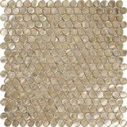 Gold glossy penny round glass mosaic tile sheet with mesh backing, ideal for walls and shower accents.