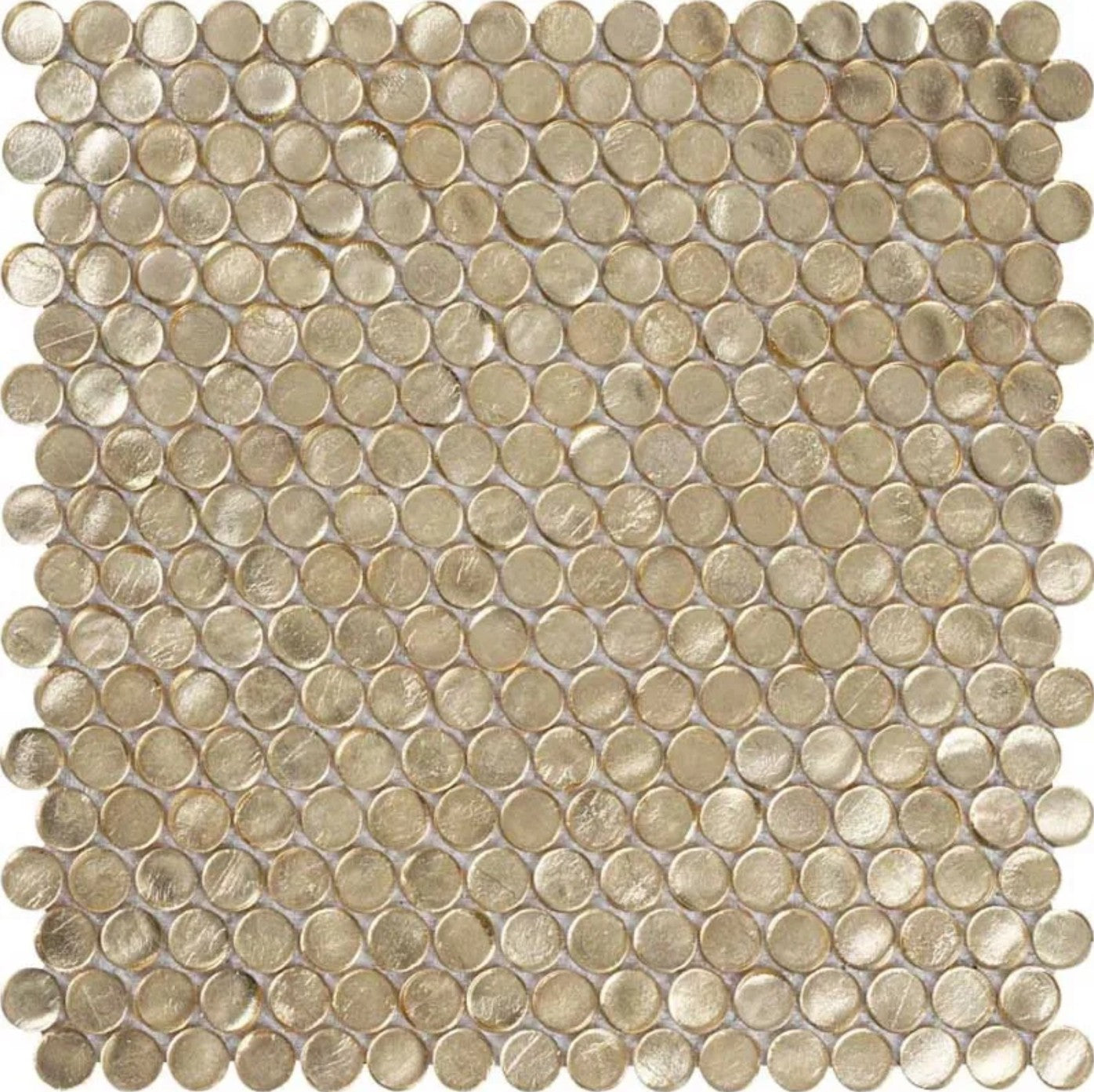 Gold glossy penny round glass mosaic tile sheet with mesh backing, ideal for walls and shower accents.