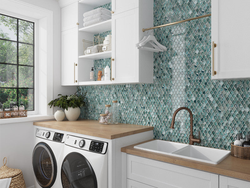 Glamour Series Scale Emerald Mosaic ASL-03 laundry room wall install