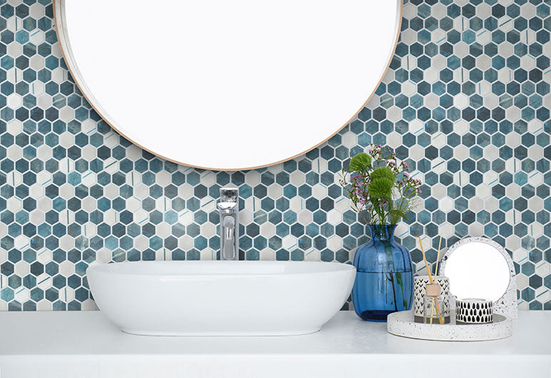 Aragon Hills AGH-5411 Qassle Blu recycled glass tile mosaic hexagon room scene