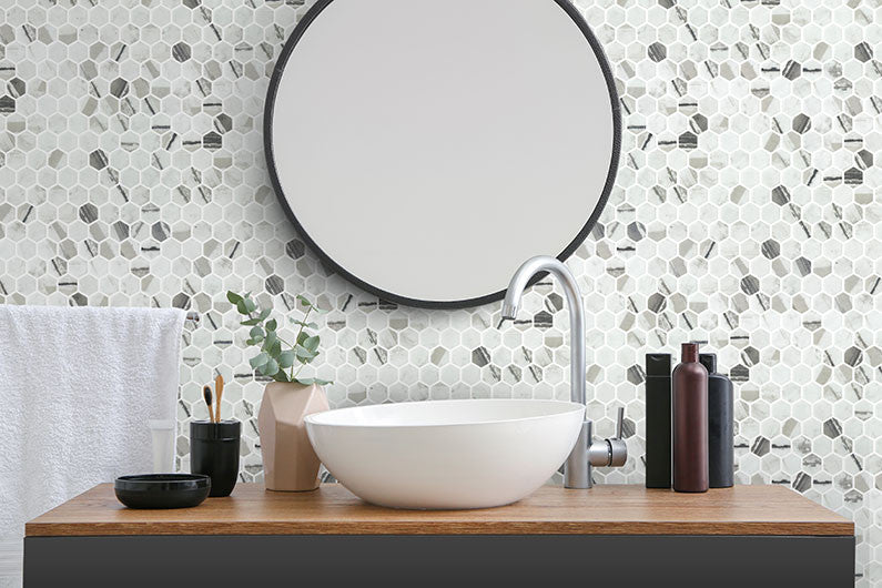 Aragon Hills AGH-5413 Joy Dynasty recycled glass tile mosaic hexagon room scene