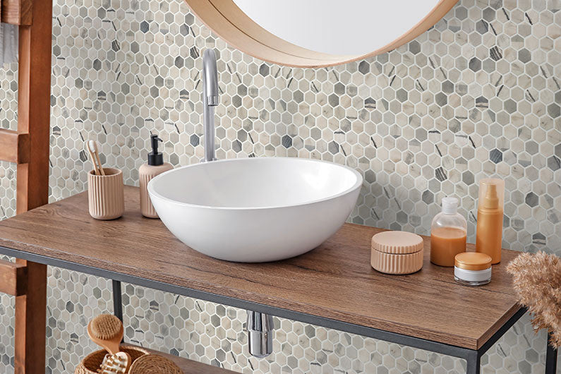 Aragon Hills AGH-5414 Python Haze recycled glass tile mosaic hexagon  room scene