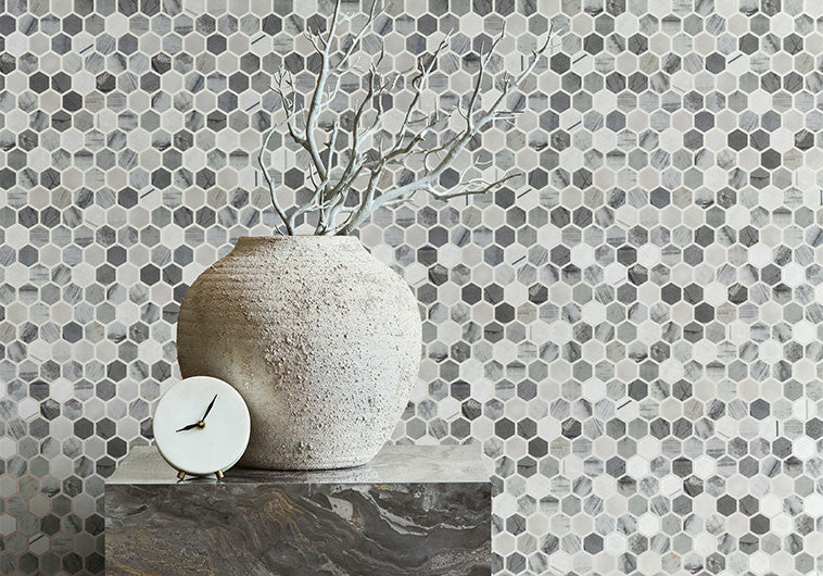 Aragon Hills AGH-5415 Ventura Heights recycled glass tile mosaic hexagon room scene
