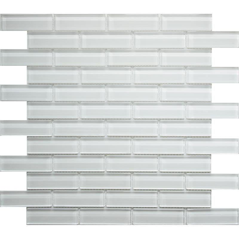 Mirage White glossy glass subway mosaic tile sheet, mesh mounted, for kitchen backsplash and shower walls