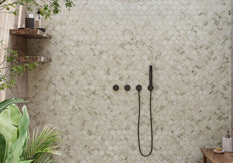 Calvari Terrene CAV-4041 Gray Penny Round Recycled Glass Mosaic Tile for Kitchen Backsplash, Shower Walls & Fireplace
