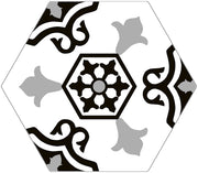 Bella Glass Cucina Italia Casa Dollina CIA-6053 black white and gray patterned 8x9 hexagon porcelain tile