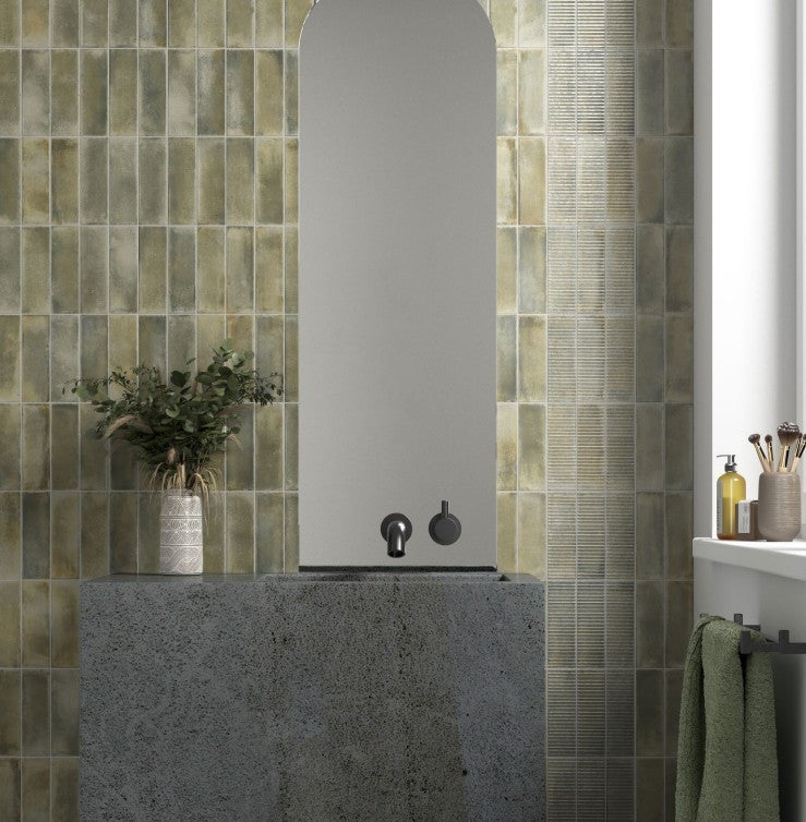 Equipe Raku Sage 2.5" x 8" Ceramic subway tile with stripes bathroom wall tile install