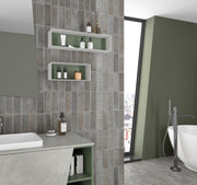 Equipe Raku Series Smoke 2.5" x 8" Ceramic subway tile with stripes bathroom wall tile install