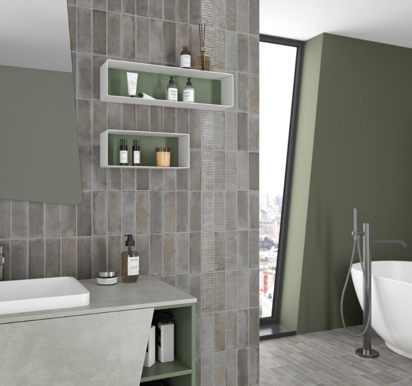Equipe Raku Series Smoke 2.5" x 8" Ceramic subway tile with stripes bathroom wall tile install