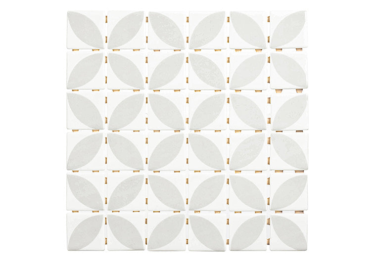Foliaga Brunia FOL-6412 white recycled glass mosaic tile with a delicate gray floral pattern and glossy accents