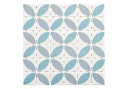 Foliaga Bossanta FOL-6414 white recycled glass mosaic tile with gray and blue petal floral pattern