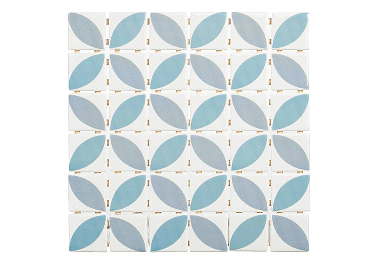 Foliaga Bossanta FOL-6414 white recycled glass mosaic tile with gray and blue petal floral pattern