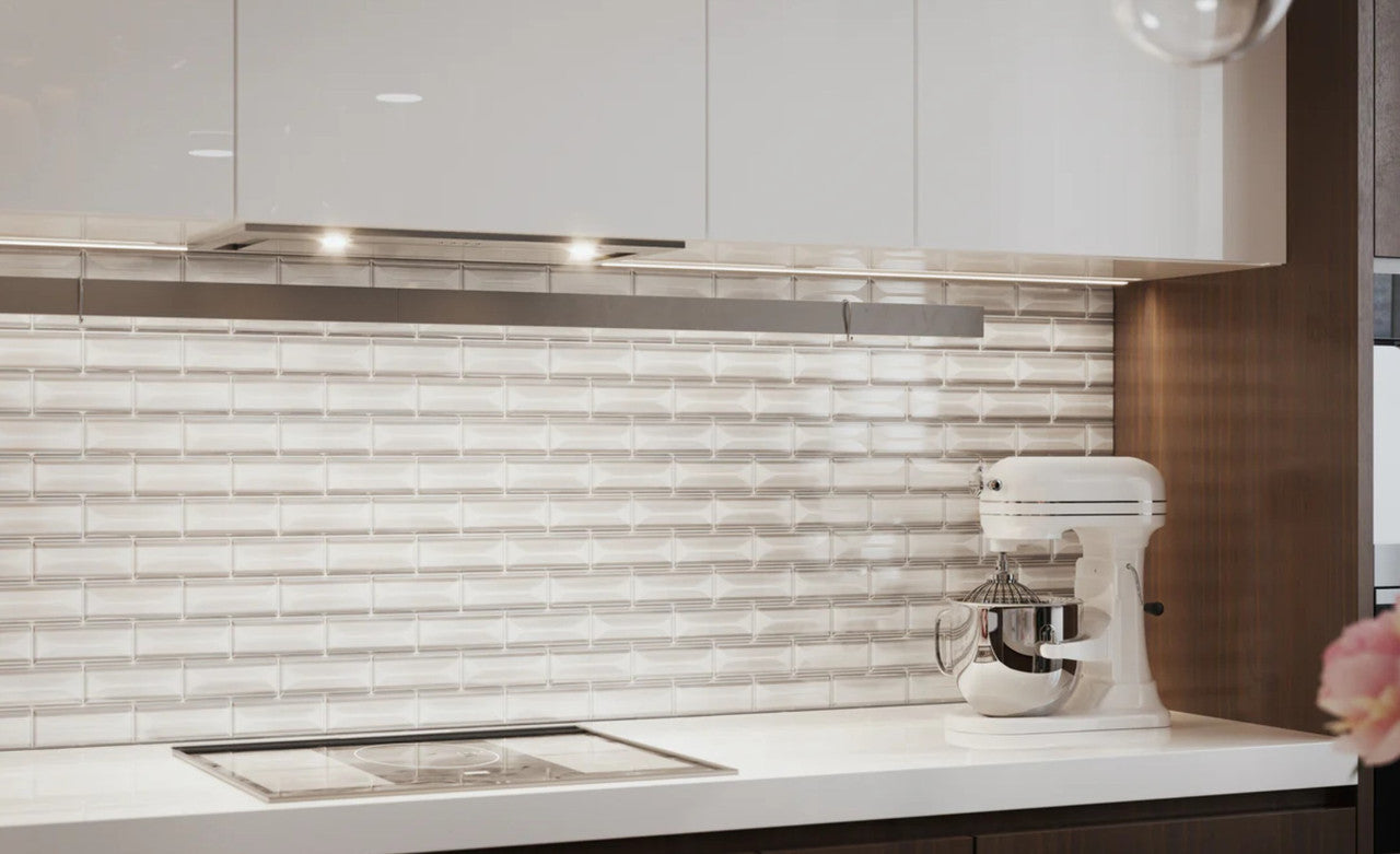 Frey Facade 2 x 5 Glass Subway Tile FYF-5491 Salton House kitchen backsplash install