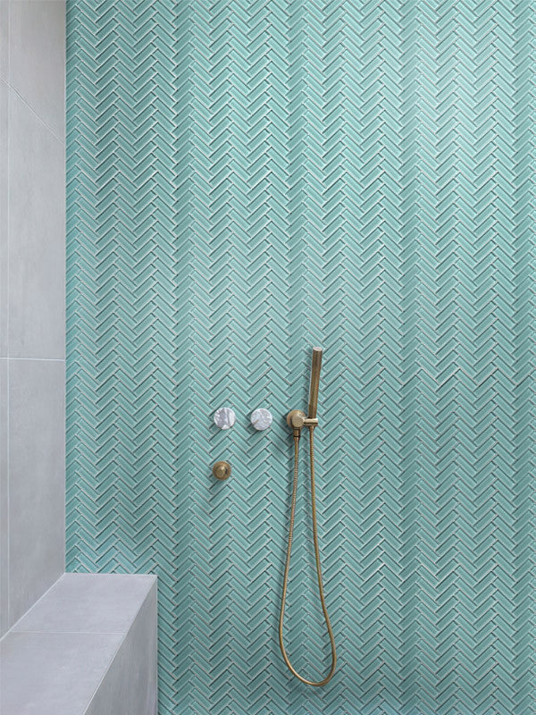 Mir Mosaic Aqua Glossy 1 x 3 herringbone mosaic HB-041 shower wall tiles