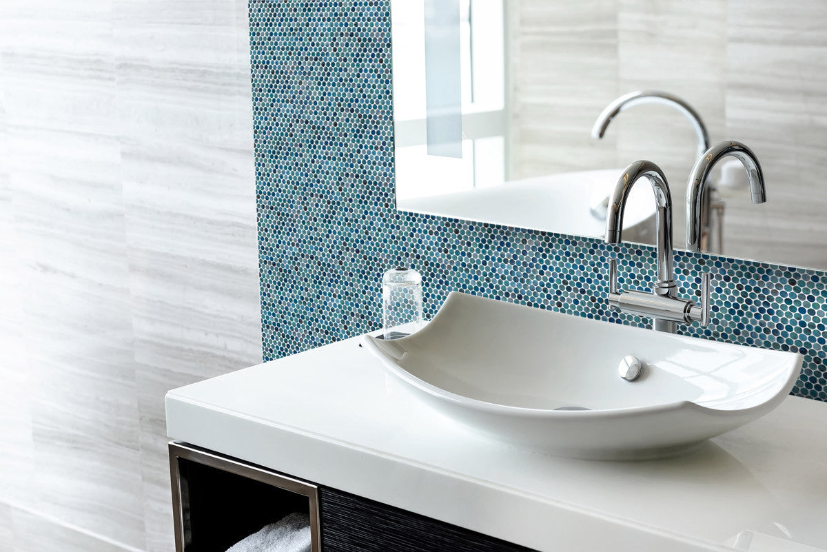Bella Glass Tiles Hearth Palace Penny Round Forest Blue HP1PRFB sink bathroom wall