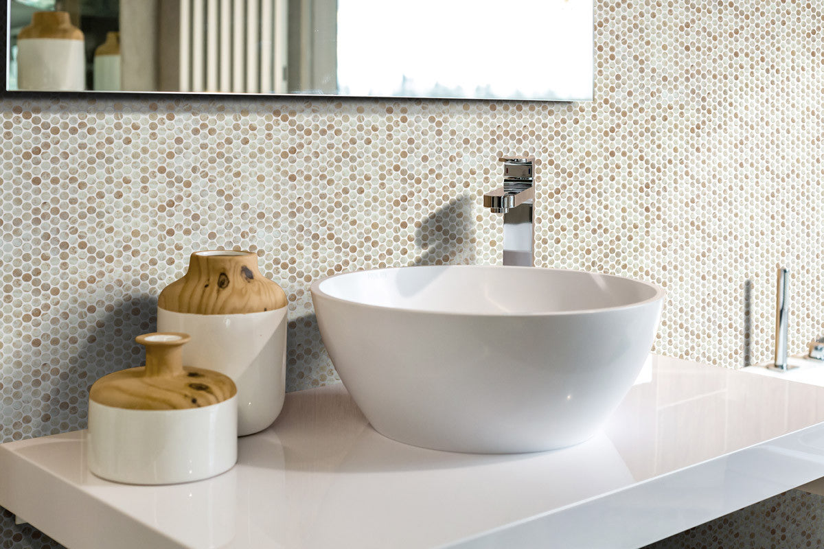 Onix Mosaico Hearth Palace Penny Round Kara Beige HP1PRKBG bathroom tile