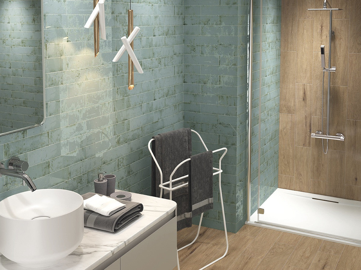 Soci Tile ironworks Series 3 x 12 Glossy Subway Tile Aqua SSN-1870 master shower wall