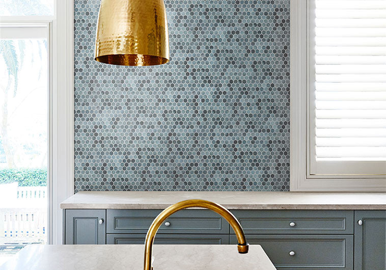 Luxacious Bay 1 inch hexagon recycled glass tile mosaic LXB-5444 Java Lagoon room scene