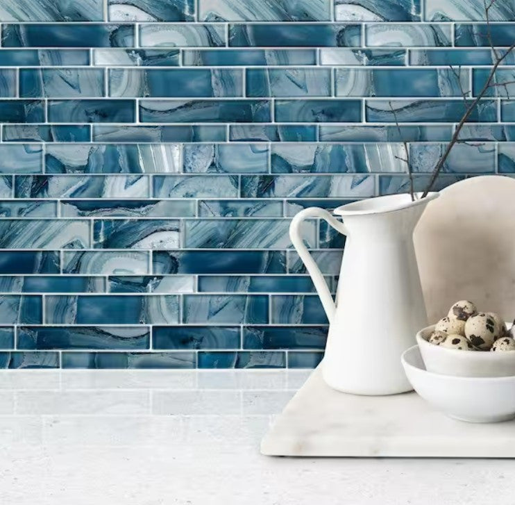 Bella Glass Tiles Magical Forest periwinkle dust (blue) kitchen backsplash idea
