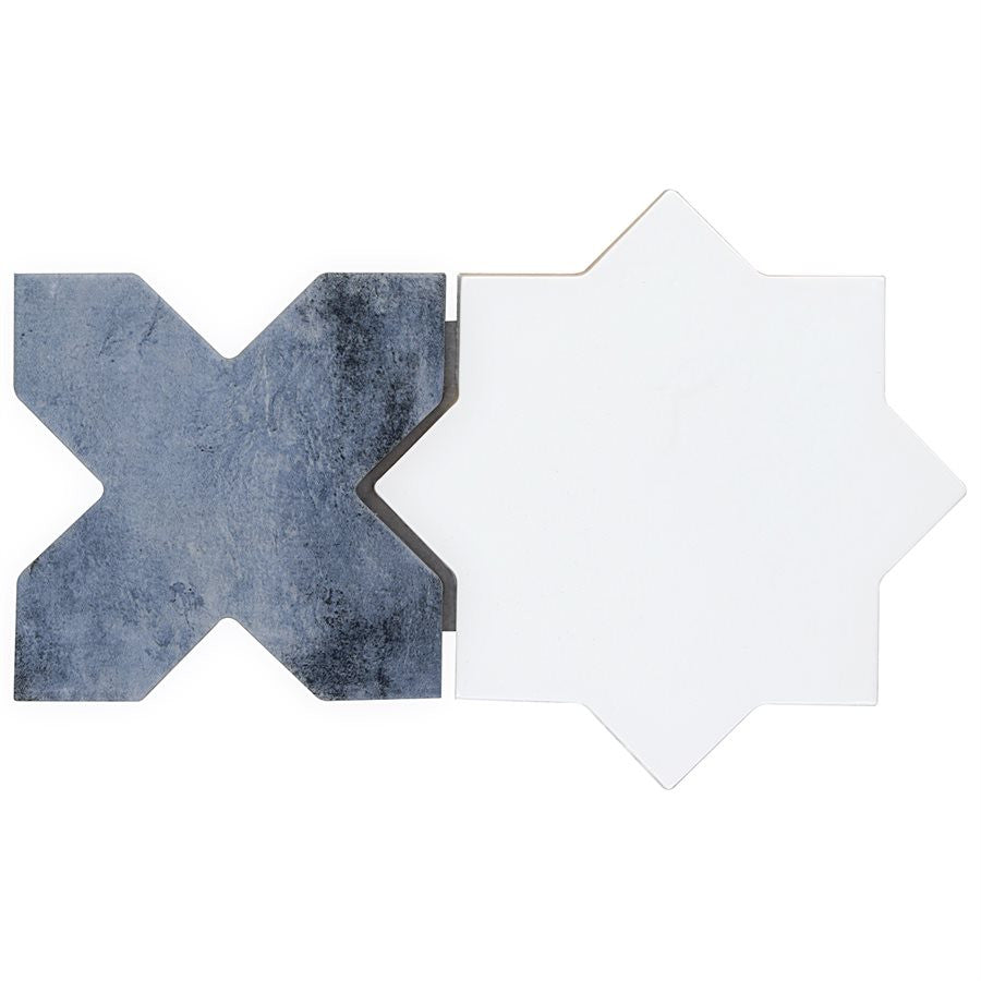 Malta Star White Polished and Cross Denim Blue  Matte individual tiles