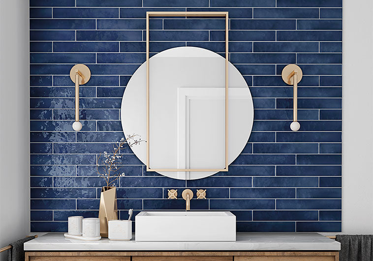 Manacor MAN-26930 Ocean Blue elongated subway tile behind vanity sink bathroom