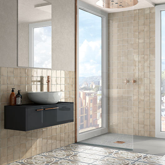 Manacor Collection 4 x 4 ceramic wall tile MAN-26913 Beige Argile Master shower install