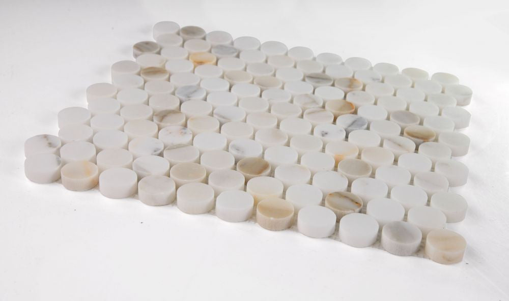 NB3622 Calacatta Polished Penny Round Marble Mosaic Angle View