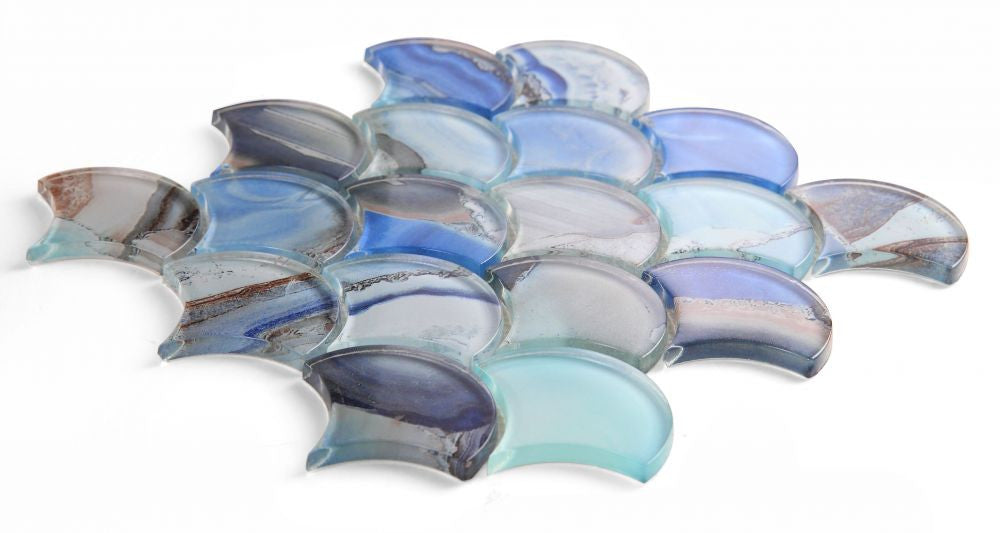 NB3632 Fish Scale Shell Blue Glass Mosaic Tile Angle View