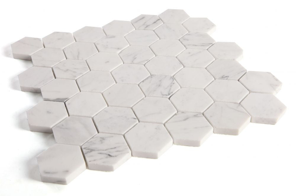 NB3917 Calacatta White Honed 2 x 2 Hexagon Marble Mosaic Angle View