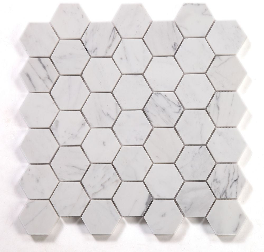 NB3917 Calacatta White Honed 2 x 2 Hexagon Marble Mosaic
