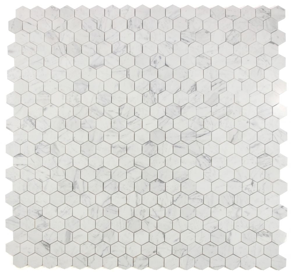 NB3918 Calacatta White Polished 2 x 2 Hexagon Marble Mosaic at BELK Tile 9 sheets together
