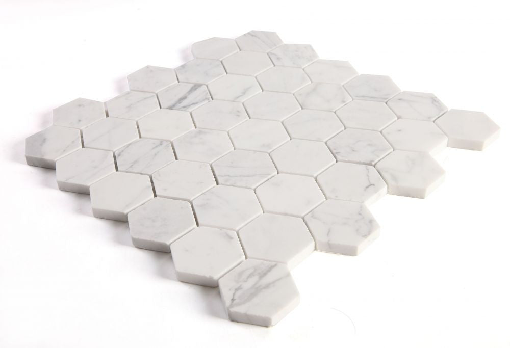 NB3918 Calacatta White Polished 2 x 2 Hexagon Marble Mosaic at BELK Tile Angle View