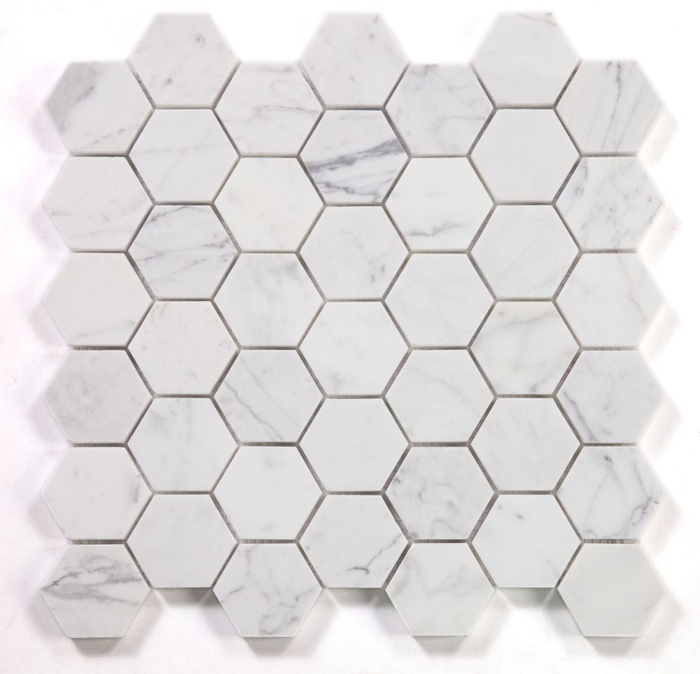 NB3918 Calacatta White Polished 2 x 2 Hexagon Marble Mosaic at BELK Tile