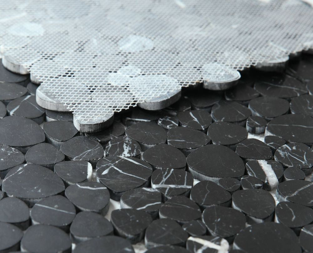 NB4034 Sliced Pebble Marquina Honed Marble Mosaic Angle View