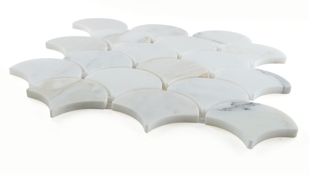 NB4086 Fish Scale Calacatta Gold Honed Marble Mosaic Angle View