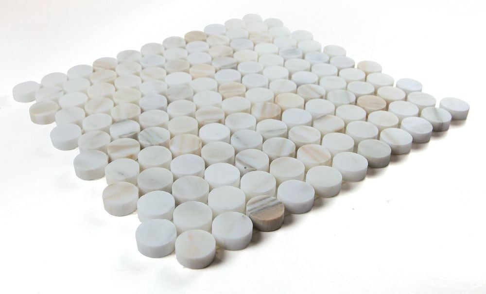 NB4117  Calacatta Hone Penny Round Marble Mosaic Angle View