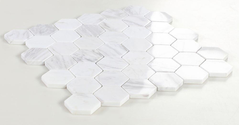 NB414 White Volakas 2 x 2 hexagon Marble Mosaic at BELK Tile Angle View