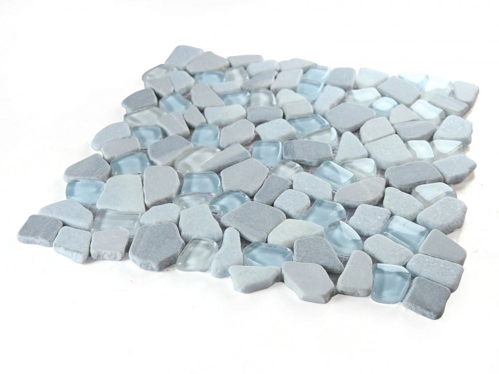 NB4422 Broken Pebble Deep Ocean Glass and Stone Mosaic Tile Angle View