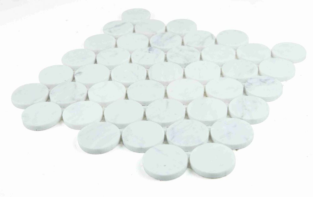 NB4445 Large Penny Round Carrara Honed Marble Mosaic Angle View